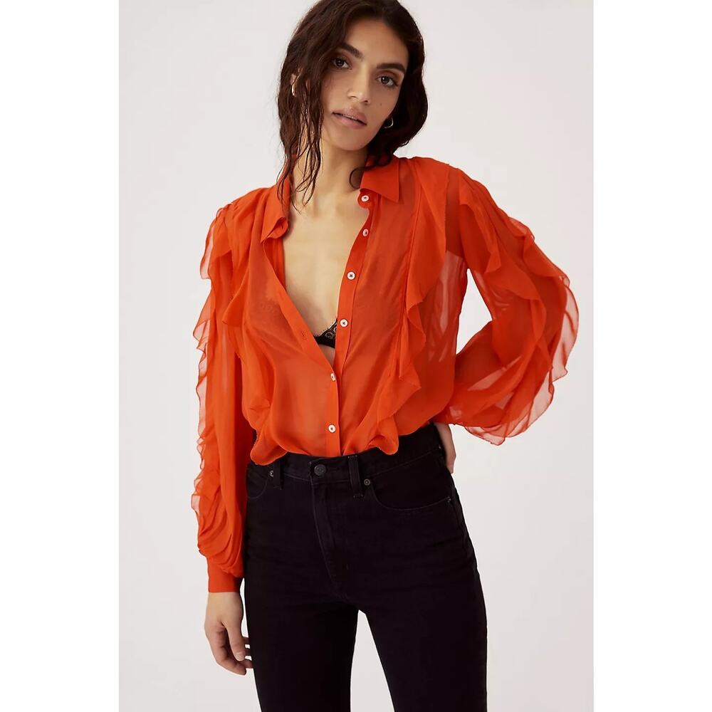 Anthropologie Maeve Women's Orange Semi Sheer Ruffled Buttom Down Blouse Medium